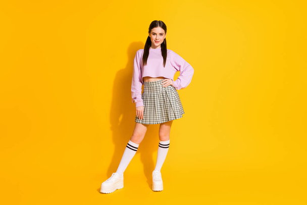 Full size photo of pretty lovely youth girl standing looking at camera imagine she real entrepreneur wear good look clothes isolated over vivid color background - Foto, Imagem
