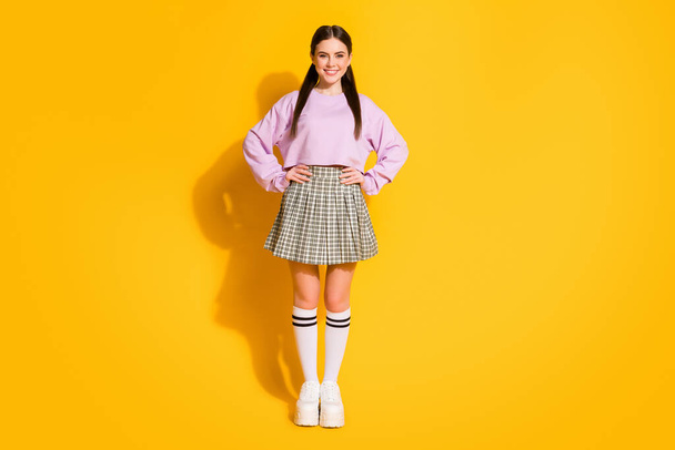 Full size photo of attractive content youth girl put hands waist enjoy spring fall weekends wear good look jumper isolated over shine color background - 写真・画像