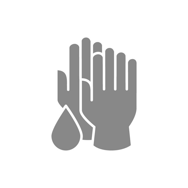 Guanti medici con icona grigio goccia disinfettante. Fornitura di pulizia, simbolo di disinfezione della mano - Vettoriali, immagini