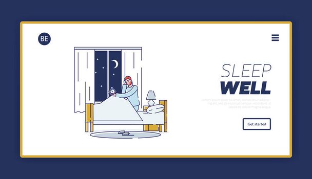 Problémy se spánkem přistávací stránka s mužem trpícím nespavostí zírá na budík v posteli - Vektor, obrázek