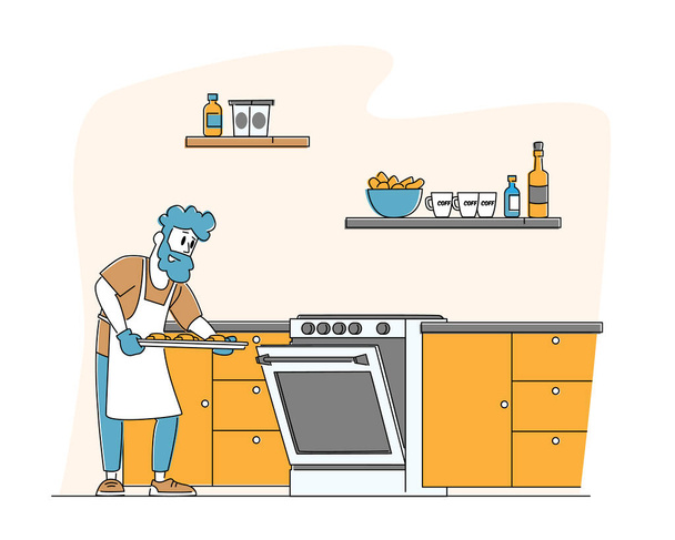Culinaire ervaring, Huishouding Management, Taken en klusjes. Huishoudelijke activiteiten. Man karakter koken Bakken - Vector, afbeelding