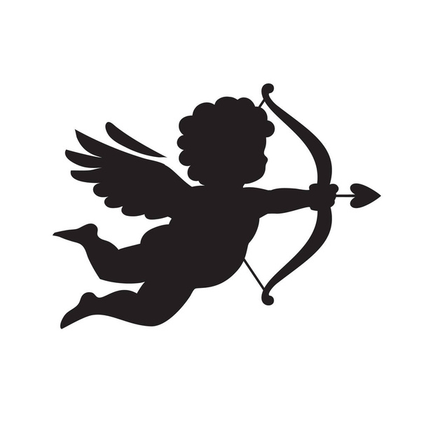 Black silhouette of Cupid aiming a bow and arrow. Valentines Day love symbol. Vector illustration isolated - Vector, afbeelding