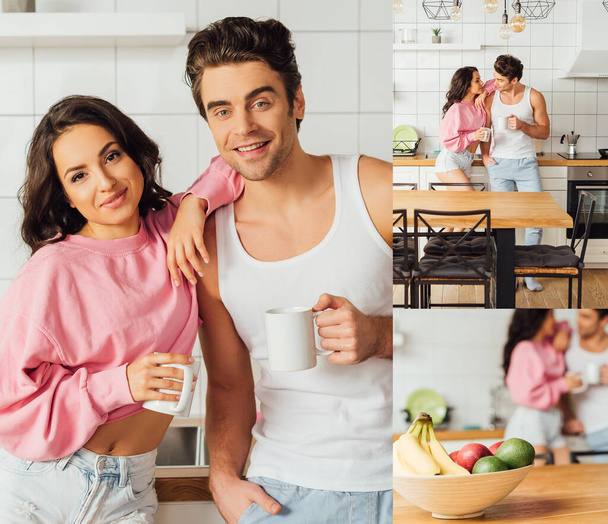 Kolaż uśmiechniętej pary trzymającej filiżanki kawy i obejmującej w kuchni  - Zdjęcie, obraz