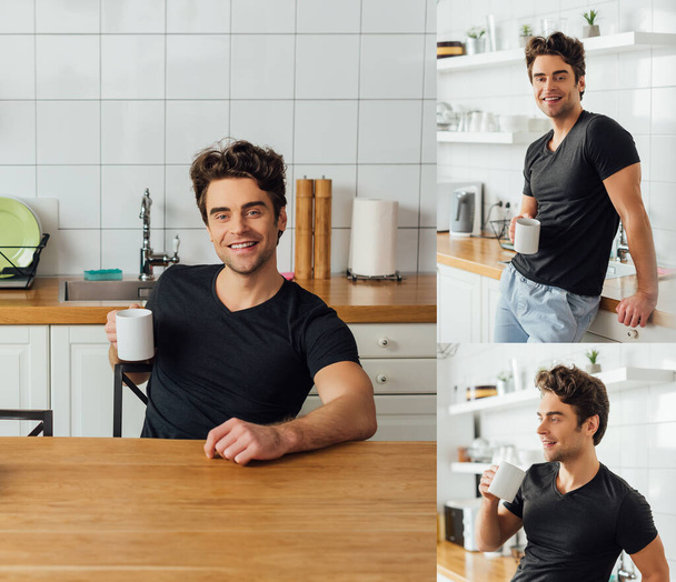 Collage of handsome smiling man holing cup of coffee in kitchen  - Foto, Imagem