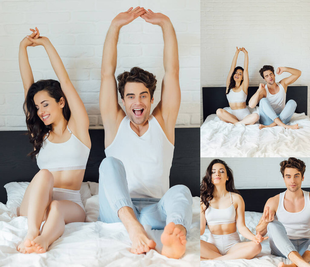 Kollázs pozitív pár nyújtózkodó és meditáló az ágyban reggel  - Fotó, kép