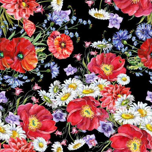 Watercolor bouquet meadow flowers on black background. Seamless pattern for fabric. - Photo, Image