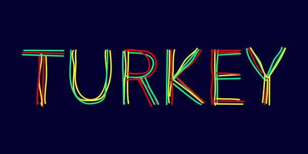 Turkey - lettering is made of multi-colored curved lines as from a felt-tip pen or a writing pen. Red, green, yellow colors. Doodle Turkey for banners, posters and prints on clothing, t-shirt. Stock picture. - Vector, Image