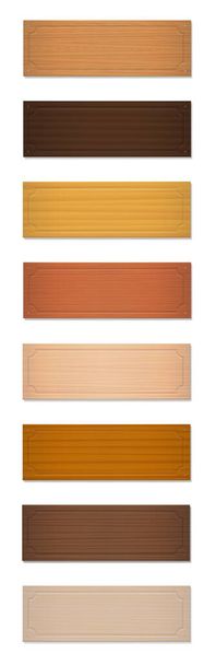Name Badges Wooden Name Tags Signs Name badges, wooden name plates, blank nameplates. Collection with different textures and colors from various trees. Isolated vector illustration on white background. - Vector, Image