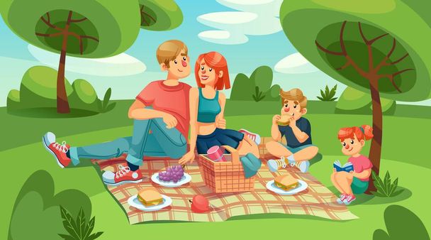 Happy loving family kids on picnic in green park - Vector, Image