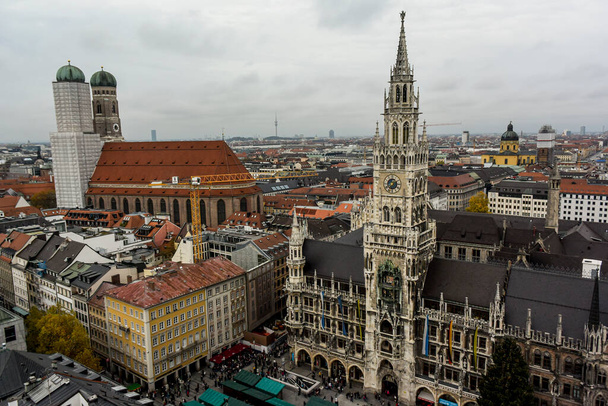Aerial view of the New Town Hall Rathaus and the Frauenkirche in the Altstadt of Munich, Germany. October 2014. High quality photo - Zdjęcie, obraz