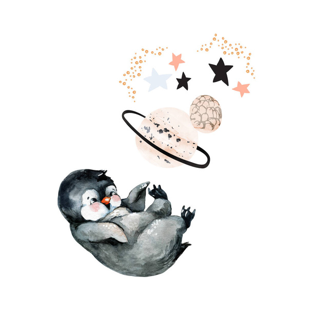 Roztomilá ukázka tučňáka. Statečné maskot zvíře s hvězdami, planety v minimálním stylu. Ručně kreslené akvarely pro jesle, oslava miminka, narozeninový design pro děti - Fotografie, Obrázek