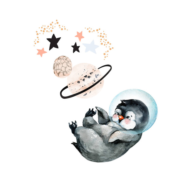 Küçük şirin penguen çizimi. Yıldızları olan cesur maskotlar, gezegenler en az seviyede. Bebek odası için el yapımı suluboya resim, bebek partisi, doğum günü partisi çocukları tasarımı - Fotoğraf, Görsel