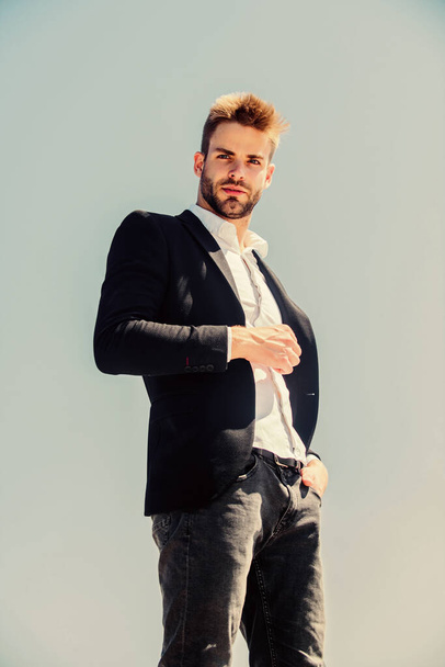 success concept. confident businessman. Handsome man. company manager. Bearded guy business style. formal male fashion. modern lifestyle. sexy macho man. male grooming. Inspired to work hard - Photo, Image