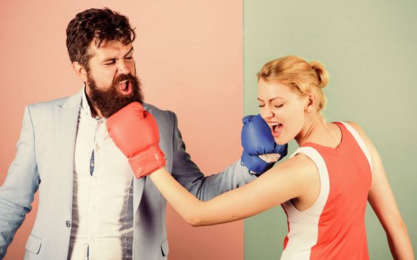 Be careful. problems in relationship. sport. bearded man hipster fighting with woman. knockout punching. who is right. win the fight. Strength and power. family couple boxing gloves - Fotó, kép
