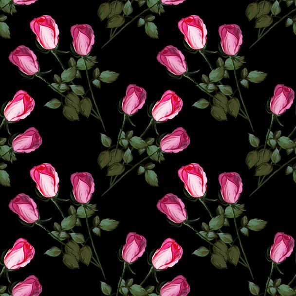 Floral seamless pattern made of roses. Acrilic painting with pink flower buds on black background. Botanical illustration for fabric and textile, packaging, wallpaper, card. - Fotó, kép