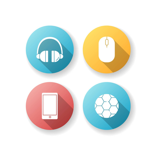Entertainment flat design long shadow glyph icons set. Headset to listen music. Computer mouse to browse internet. Tablet with touch screen. Football game gear. Silhouette RGB color illustration - Vector, Imagen