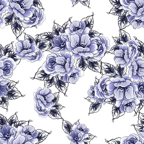 Seamless blue monochrome vintage style flowers pattern - Vektori, kuva