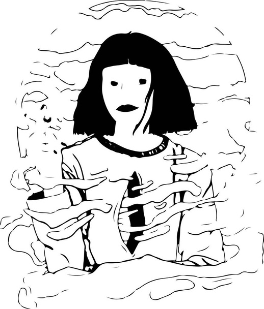женщина с отверстием в теле между облаками изолированы на белом - Вектор,изображение