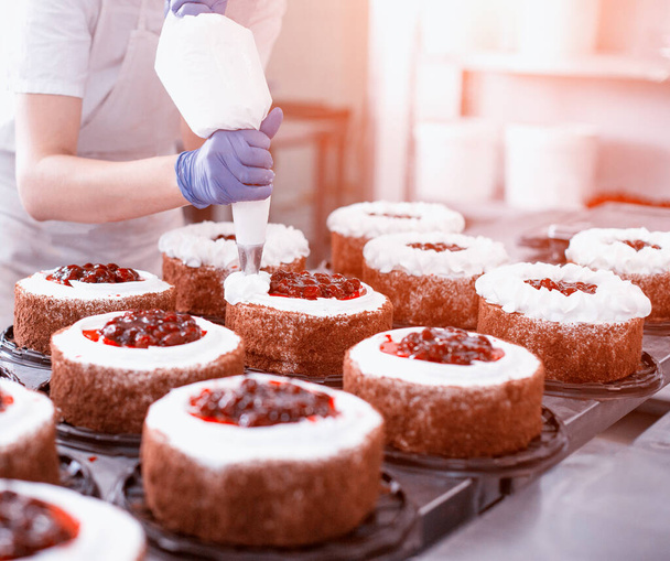 Pastry chef girl makes a cake from fresh biscuit berries and cream. Mass production of cakes and sweets, confectionery factory - Foto, Bild