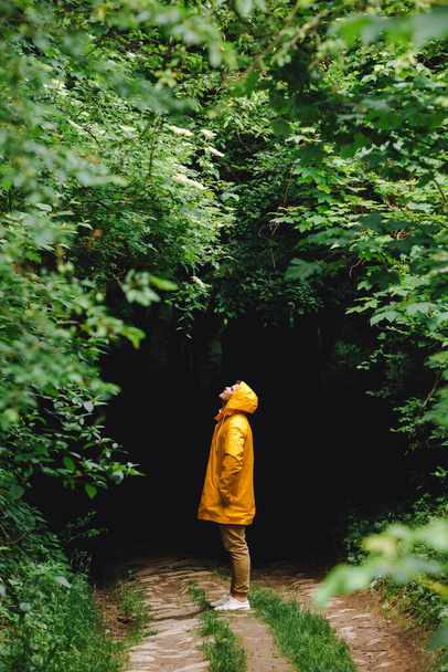 traveler man in yellow raincoat hiking by rainy forest. copy space - Foto, imagen