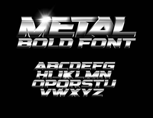 Font with metallic texture, chrome alphabet, wide bold industrial fashion font. Vector typography. - Vector, Image