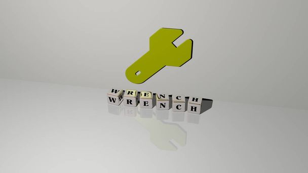 3D illustration of WRENCH graphics and text made by metallic dice letters for the related meanings of the concept and presentations. icon and background - Photo, Image
