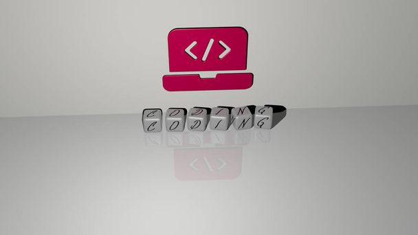 3D-Darstellung von CODING mit Icon an der Wand und Text, angeordnet durch metallische kubische Buchstaben auf einem Spiegelboden für Konzeptbedeutung und Diashow-Präsentation. Abbildung und Code - Foto, Bild
