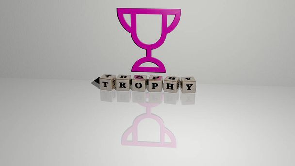 Ilustración 3D de gráficos TROPHY y texto realizado por letras de dados metálicos para los significados relacionados con el concepto y las presentaciones. premio y copa
 - Foto, Imagen