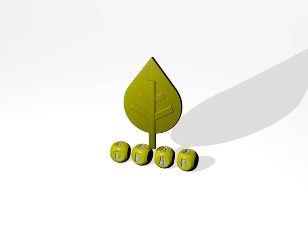 3D illustration of LEAF graphics and text made by metallic dice letters for the related meanings of the concept and presentations. background and green - Photo, Image