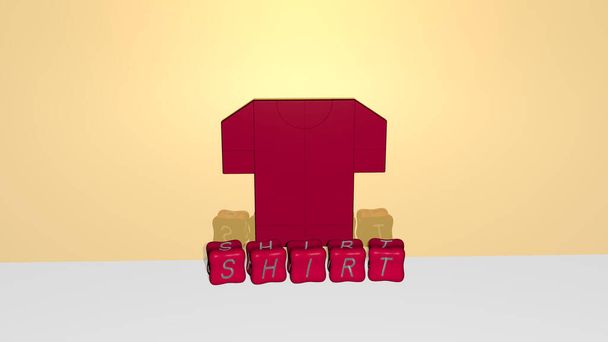 3D illustration of shirt graphics and text made by metallic dice letters for the related meanings of the concept and presentations. background and white - Photo, Image