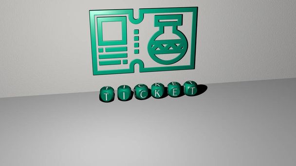 3D-Darstellung von TICKET mit Icon an der Wand und Text, angeordnet durch metallische kubische Buchstaben auf einem Spiegelboden für Konzeptbedeutung und Diashow-Präsentation. Abbildung und Hintergrund - Foto, Bild