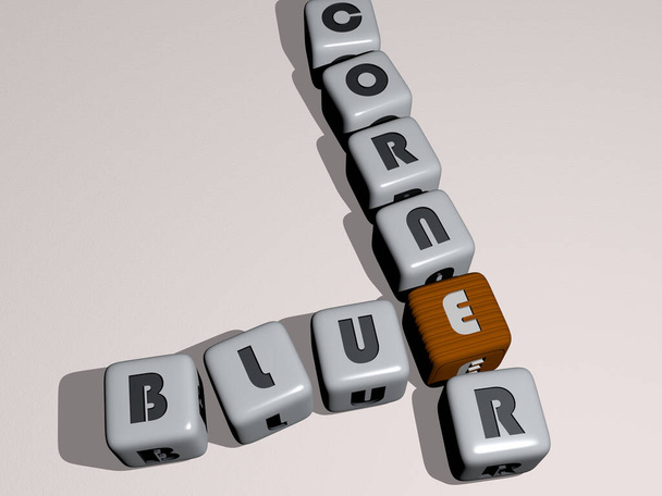 сочетание BLUE CORNER, построенное кубическими буквами с верхней точки зрения, отлично подходит для презентации концепции. фон и иллюстрация - Фото, изображение