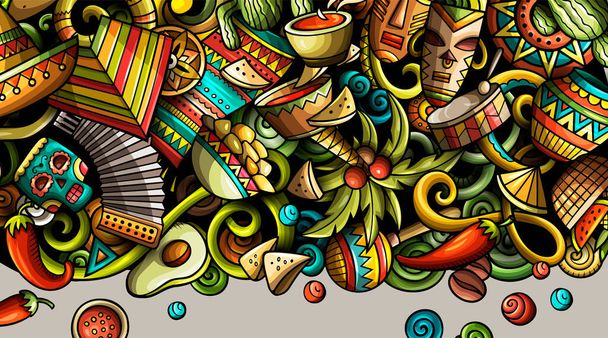 Latinalainen Amerikka käsin piirretty doodle banneri. Sarjakuva yksityiskohtainen lentolehtinen. - Valokuva, kuva