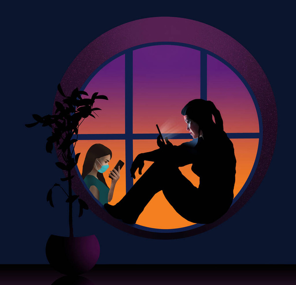 Una joven se sienta en una ventana redonda en casa, aislándose de Covid-19. Ella mira su teléfono celular en esta ilustración 3D. Una persona se ve fuera de la ventana también en una celda
. - Foto, imagen