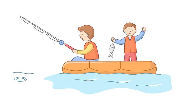 釣りと父親の概念。陽気漁師は湖でボートから釣りをしています。父と息子は休暇で一緒に楽しい時間を過ごす。漫画リニアアウトラインフラットスタイル。ベクターイラスト - ベクター画像
