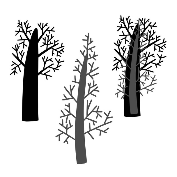 Geïsoleerde zwart-wit set van vectorontwerp met silhouetten en omzoomde bomen - Vector, afbeelding