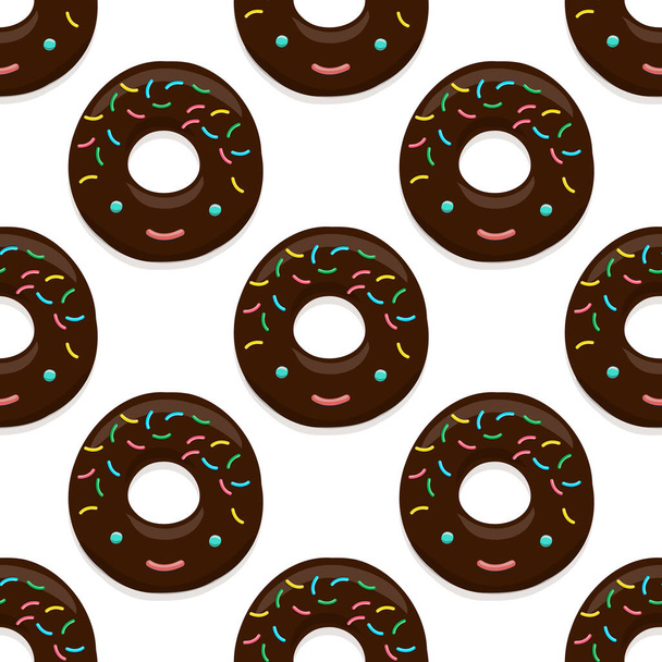 Vector seamless pattern illustration of donuts in chocolate glaze in kawaii style on white - Вектор, зображення