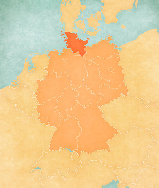 Шлезвіг-Гольштейн на карті Німеччини (коричневий колір) в м'якому гранж і вінтажний стиль, як старий папір з акварельним живописом.  - Фото, зображення