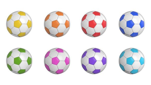 kleur voetbal ballen plastic lederen stof bal geïsoleerd op zwarte achtergrond. Voetbal 3d maken illlustratie. - Foto, afbeelding