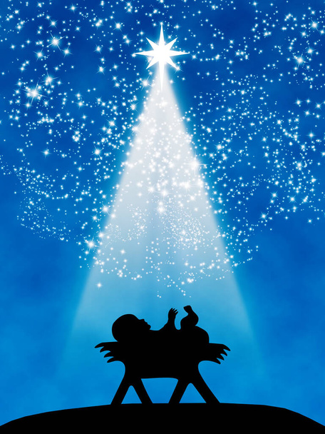 Открытки с пожеланием Рождества: Дитя Иисуса в яслях в черном силуэте над синим градиентным фоном, с белыми звездами и лучом света кометы ночью. - Фото, изображение