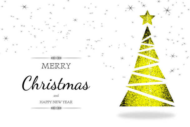 Κίτρινο χριστουγεννιάτικο δέντρο ευχετήρια κάρτα. Ένα τυποποιημένο χριστουγεννιάτικο δέντρο κίτρινο χαμηλή-poly μοτίβο σε λευκό φόντο, με χαιρετισμό κείμενο και αστέρια. - Φωτογραφία, εικόνα