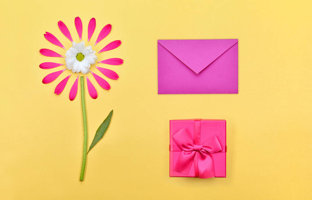 Frühling floralen Hintergrund mit Platz für Text und Grußkarte. Floraler Hintergrund mit Geschenkbox und Kopierraum. Schönes Gänseblümchen. - Foto, Bild
