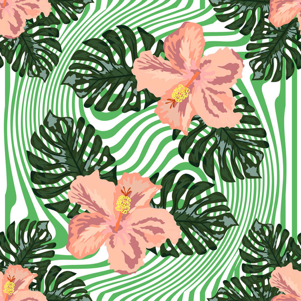 hand draw tropical flower,blossom cluster seamless pattern background, strip distortion, hibiscus flower - Vecteur, image