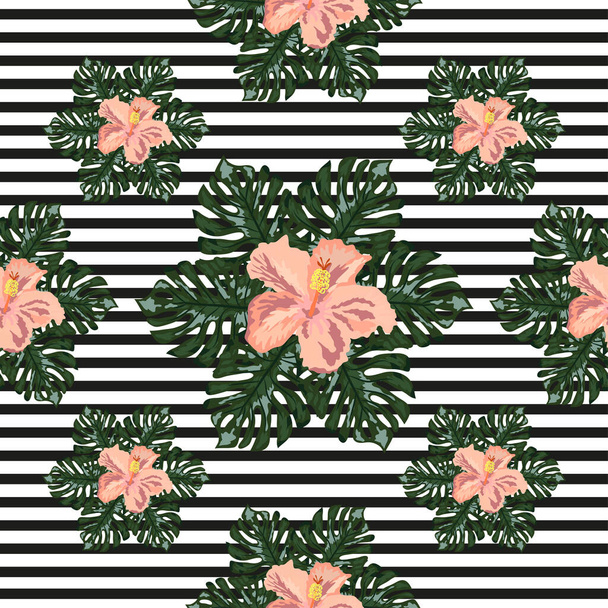 hand draw tropical flower,blossom cluster seamless pattern background, strip distortion, hibiscus flower - ベクター画像