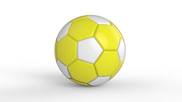 gele voetbal plastic lederen stof bal geïsoleerd op zwarte achtergrond. Voetbal 3d maken illlustratie. - Foto, afbeelding