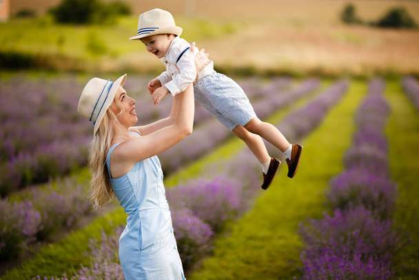 Little boy walking with his mother on a lavender field. - Photo, Image