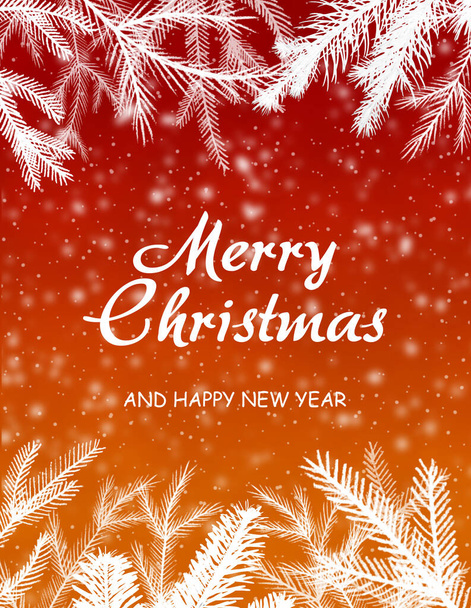 Merry Christmas greeting card red background with fir branches and snowflakes - Foto, afbeelding