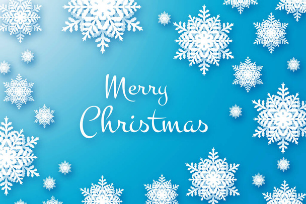 Merry Christmas greeting card on blue background with snowflakes - Foto, Imagen