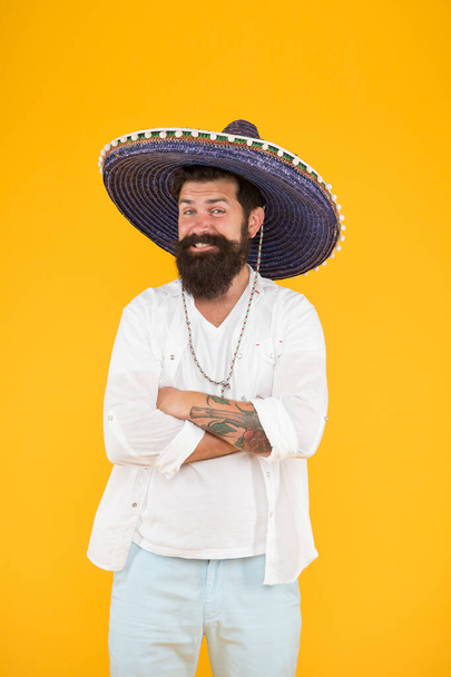 Cultural identity. Discover your ethnic and geographic origins. Bearded man in mexican hat. Mexican man wearing sombrero. Guy in wide brim hat. Ethnic concept. National minorities. Ethnic background - Foto, immagini