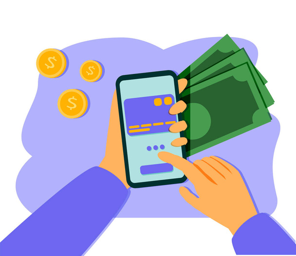 ..Pay by credit card via electronic wallet wirelessly on phone. New mobile banking app and e-payment vector illustration. Hand with smartphone online banking. Shopping by phone and connected card. - Vector, Image